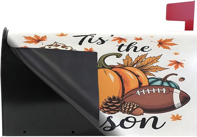 Fall Autumn Maple Leaf Pumpkin Football Magnetic Mailbox Cover MailWraps Garden Yard Home Decor for Outside Oversized-25.5" x20.8"