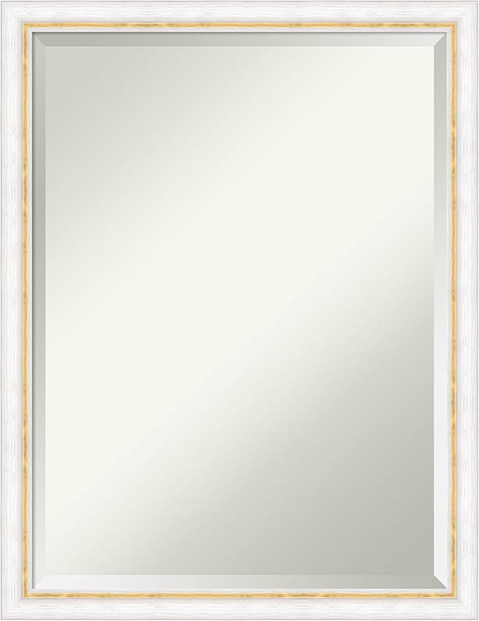 Amanti Art White Bathroom Mirror for Over Sink, 26x20 Morgan White Gold Rectangle Vanity Mirror, Medium Modern Contemporary Wood Frame, Hangs Horizonally and Vertically, Bathroom Wall Decor, Beveled