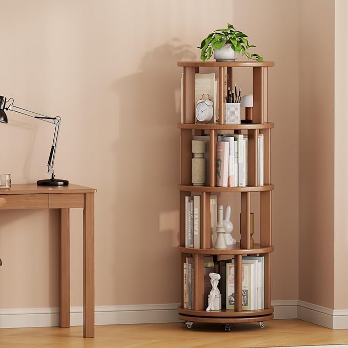 Solid Wood Rotating Bookshelf on Wheels, 4 Tier, Round Revolving Bookcase, 360° Spinning Book Shelf Tower for Kids, Narrow Rolling Bookshelves for Small Space, Corner, Bedroom, Office, Walnut
