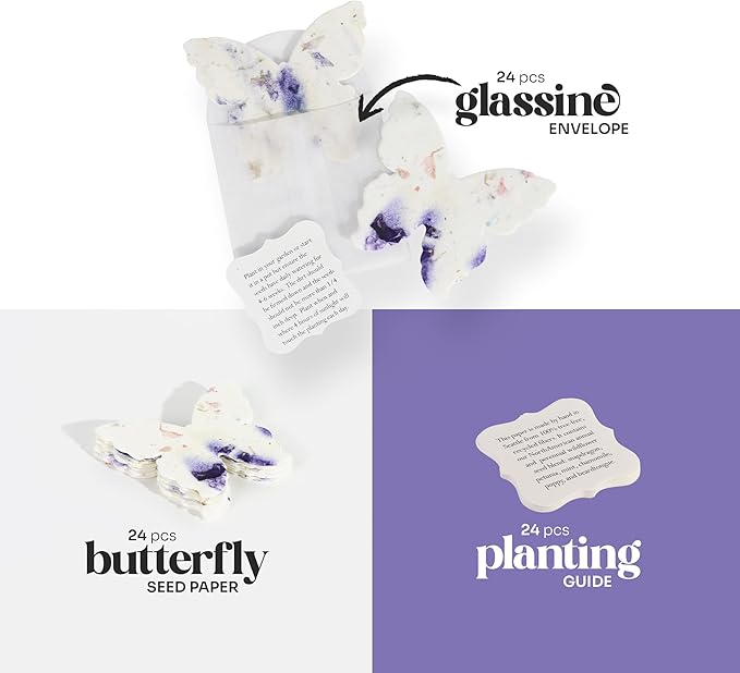 Wildflower Seed Paper - Set of 24 Purple Butterfly-Shaped with Envelope and Planting Instruction, Writable & Plantable Gift for Mom and Plant Lover, Ideal for Wedding, Memorial, Baby Shower