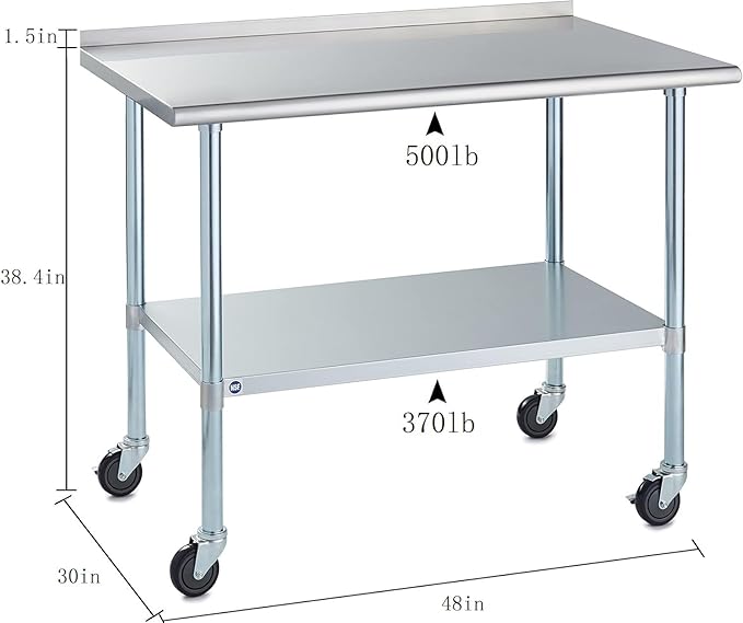 Stainless Steel Table for Prep & Work with Backsplash and Caster 30x48 Inches, NSF Metal Commercial Kitchen Table with Adjustable Under Shelf and Table Foot for Restaurant, Home and Hotel