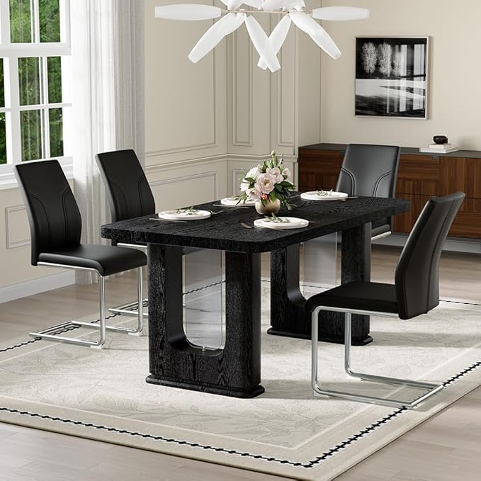 64.5" Black Dining Table Set for 4, Modern Kitchen Table and Chairs Set with PU Leather Cushioned Chairs & Decorative Pedestal Base, 5 Piece Wood Grain Dining Table Set for Dining Room or Kitchen