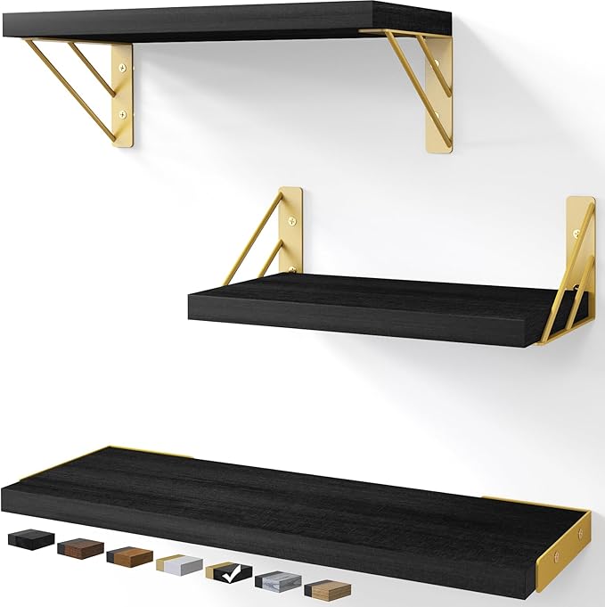 BAYKA Wall Shelves for Bedroom Decor, Floating Wall Shelves for Living Room Kitchen Storage, Wall Mounted Rustic Wood Floating Shelves for Kids Books, Corner Shelves for Bathroom, Office(Set of 3)
