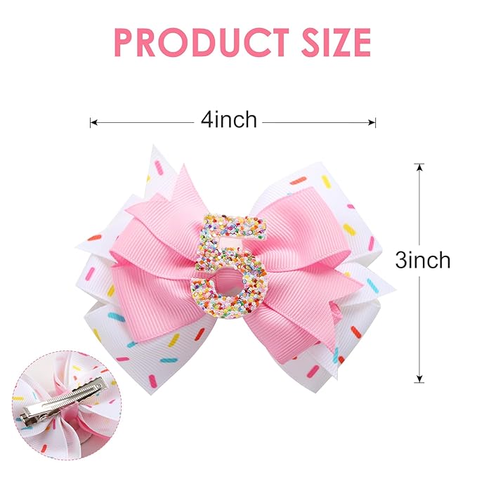 2Pcs Birthday Hair Bow for Baby Girls 2 3 4 5 6 7 Years Sprinkle Decorations Confetti Ice Cream Party Pink Pigtail Hair Accessories for Five 5th Birthday