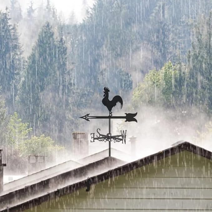Rooster Weathervane Silhouette Art Black Metal Cock Wind Vanes Indicator Kit Outdoor Bracket for Garden Roof Yard Building (G)