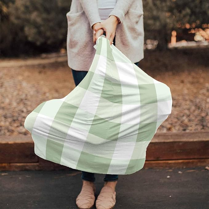 Sage Green Plaid Car Seat Covers for Babies, Modern Geometric Checkered Lattice Nursing Breastfeeding Covers Stretchy Breathable Baby Carseat Canopy Cover for Girls and Boys Shower Gifts