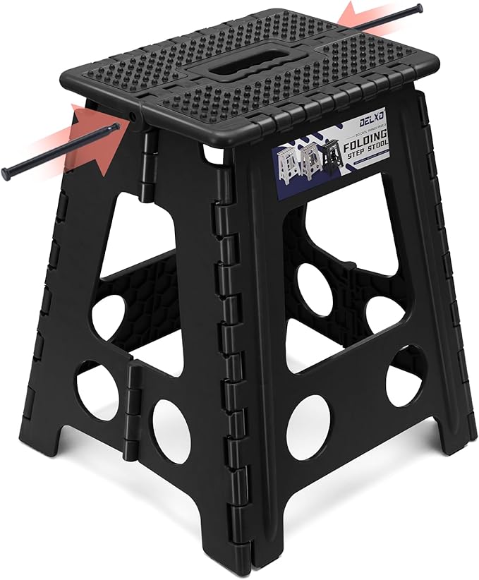 Delxo Folding Step Stool 16 Inch,Non-Slip Foldable Stools for Adults Up to 300 LBS,Kitchen Collapsible Fold Up Stepping Stool with Dotted 1 Pack,Black