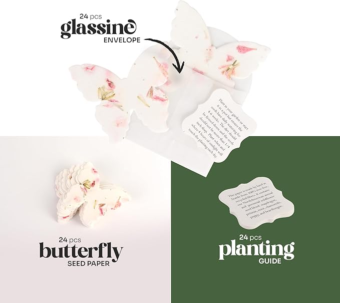 Wildflower Seed Paper - Set of 24 Pink Butterfly-Shaped with Envelope and Planting Instruction, Writable & Plantable Gift for Mom and Plant Lover, Ideal for Weddings, Memorials, Baby Shower