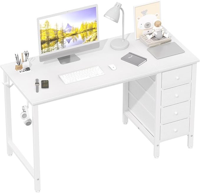 Lufeiya White Computer Desk with Fabric Drawers, 47 Inch Reversible Study Work Writing Desk for Home Office Bedroom, Simple Modern Cute PC Desks with Drawer, White