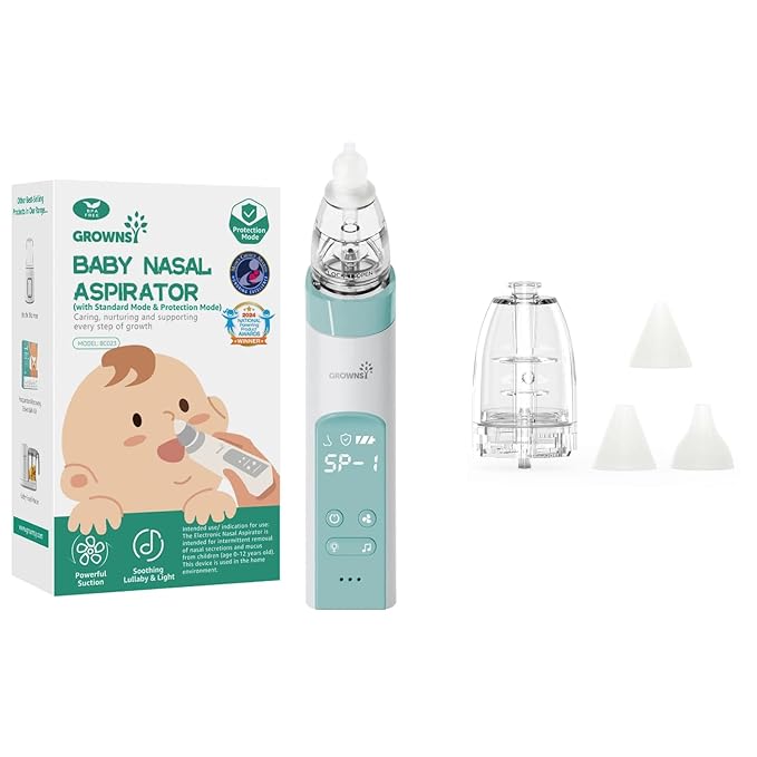 GROWNSY Nasal Aspirator for Baby with Protection Mode, Comes with 2 Larger Suction Chambers and 6 Food-Grade Soft Silicone Tips, Light Blue