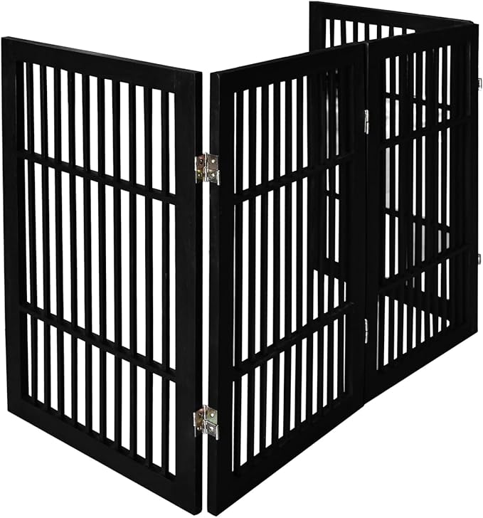 Pet Dog Gate Strong and Durable Freestanding Folding Acacia Hardwood Portable Wooden Fence Indoors or Outdoors by Urnporium (Black Pet Gate, 4 Panel 30" Tall)