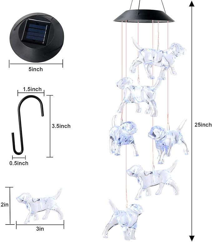JOBOSI Dog Wind Chimes, Solar Dog Lights for Outside, Gifts for Dogs Lovers, Birthday Gifts for Women, Mom, Ded, Grandma, Garden Lawn Yard Outdoor Decor Mobiles Wind Chime, Dogs Themed Gift