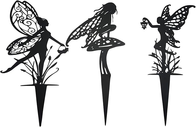 Decorative Garden Stakes Fairy Garden Statues Metal Weather Resistant 3 Piece Outdoor Decorative Set Black