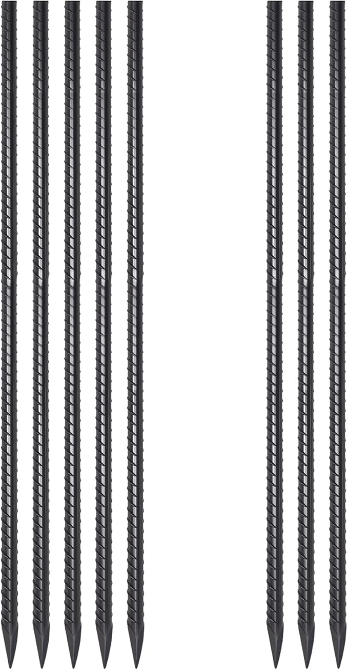 Metal Rebar Stakes 36 Inch 8 Pack Ground Stakes Heavy Duty 1/2 Inch Diameter with Chisel Point End Landscape Timber Spikes for Cement, Concrete Form, Plant Support, Black