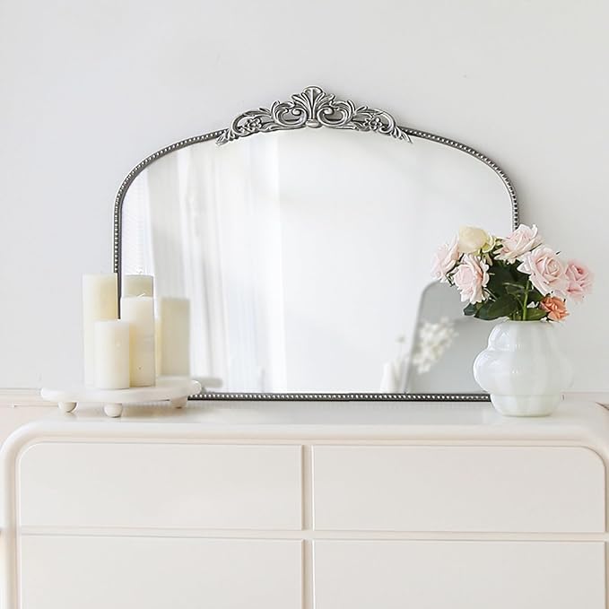 Micasso Vintage Ornate Baroque Mirror, 29" x 36" Large Silver Arched Wall Mirror for Bathroom, Living Room, Fireplace, and Bedroom