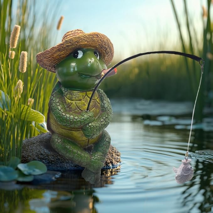 Tortoise Fishing Statue Garden Decor，9.8" Weatherproof Resin Tortoise Fishing Sculpture Decor for Fish Ponds, Koi Ponds, Waterfalls, Poolside Outdoor Gardens Resin Figurine for Indoor Outdoor Décor