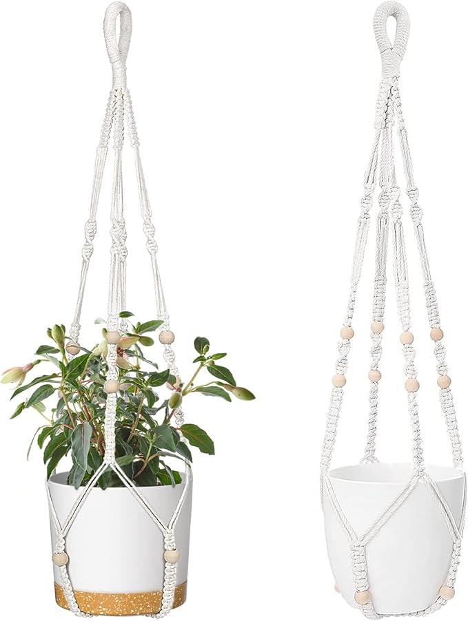 ZMTECH 2 Pack 35 Inch Macrame Plant Hanger (Ivory) Indoor Hanging Planter Basket with Wood Beads Decorative Flower Pot Holder for Indoor Outdoor Boho Home Decor