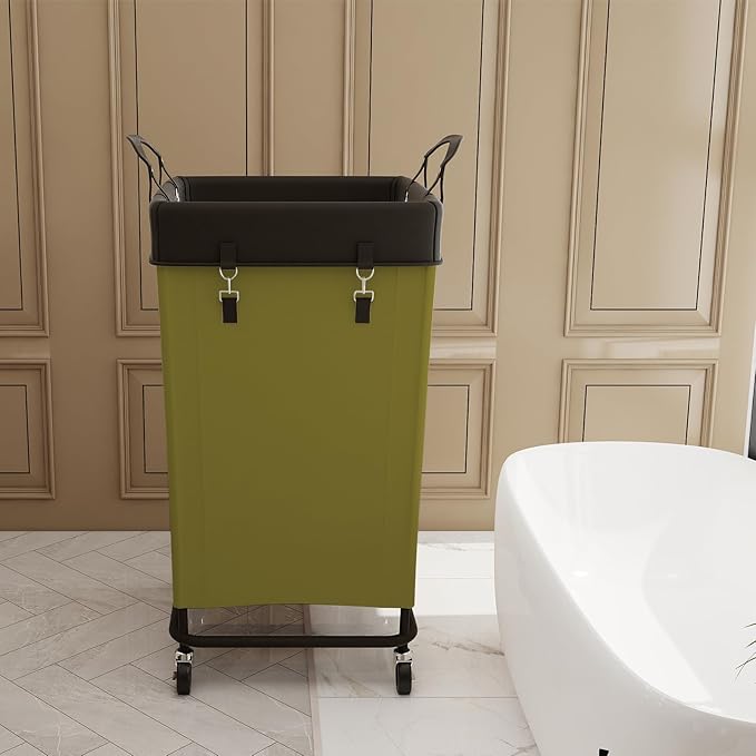 FLYBOX Laundry Hamper with Wheels, 160L Capacity, Steel Frame, Removable Canvas Bag, Dark Green