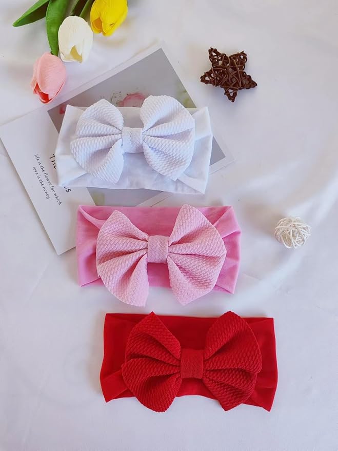 Hjiaruiky 3PCS Baby Girl Bows Baby Headbands Newborn Bow Big Stretchy Nylon Headbands for Baby Girls Hair Bows Hair Accessories for Infant White Pink Red