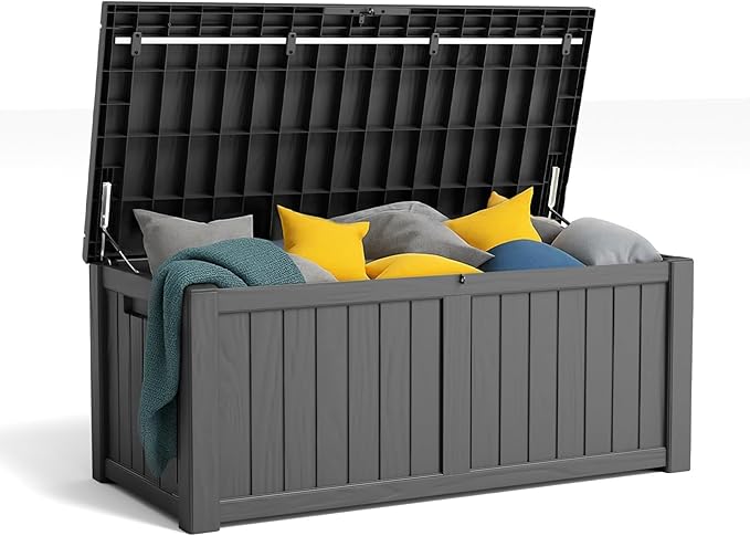 120 Gallon Resin Deck Box, Lockable Patio Outdoor Storage Box for Furniture, Garden Tools and Tools Storage, Waterproof Outside Storage Boxes - Black