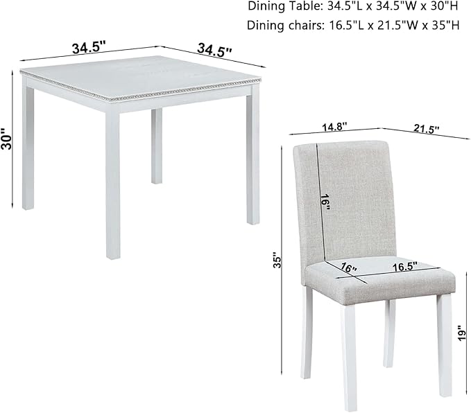 Dining Table Set for 4, 5-Piece Dining Room Table Set with Square Crystal Decoration Table & 4 Upholstered Backrest Chairs, Counter Height Kitchen Sets with Faux Wood Grain Design, White