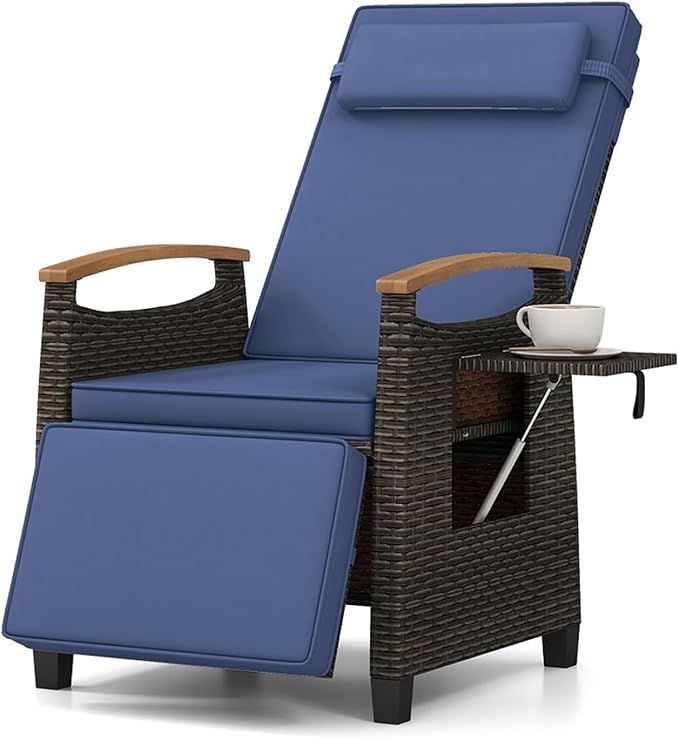 RELAX4LIFE Rattan Outdoor Recliner Chair - Wicker Chaise Lounge Chair w/Adjustable Back & Footrest, Acacia Wood Armrests, Flip Side Table, Cushion, Reclining Patio Chair for Pool Yard (1, Navy)