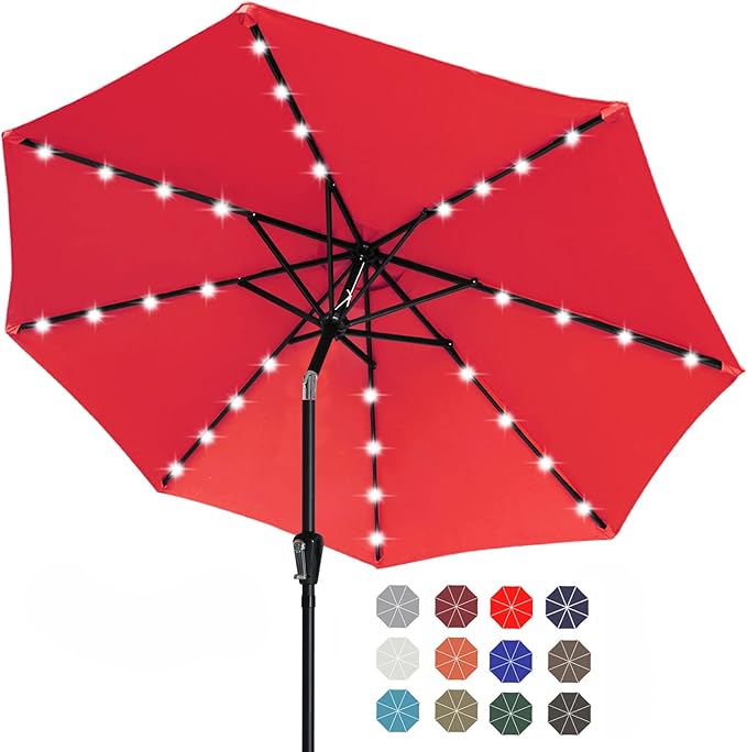 ABCCANOPY Durable Solar Led Patio Umbrellas with 32LED Lights 9FT (Red)