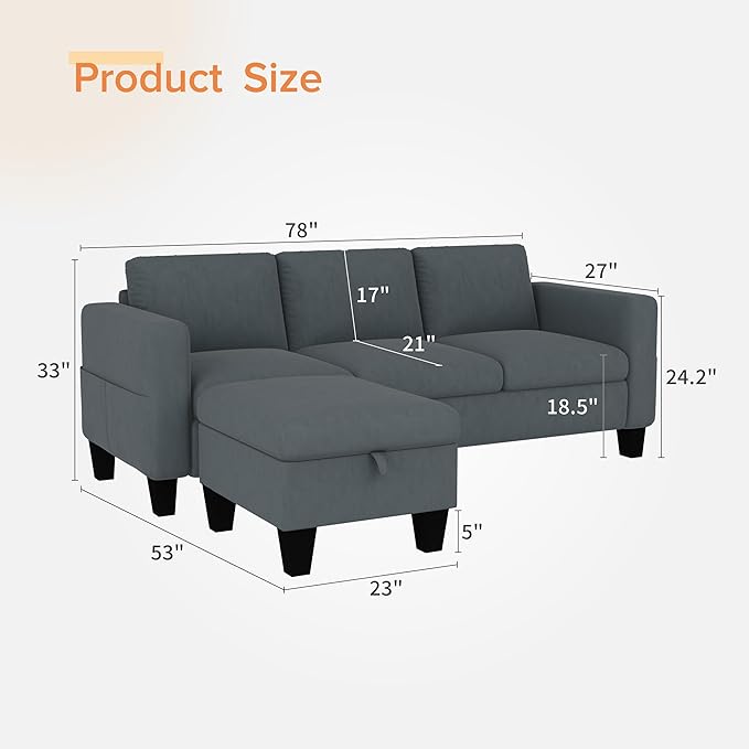 ZeeFu Convertible Sectional Sofa Couch,Classic 3 Seat L-Shaped Sofa with Movable Ottoman, Modern Dark Grey Velvet Fabric Upholstered Small Sectional Sofa Couch for Small Apartment Living Room Office