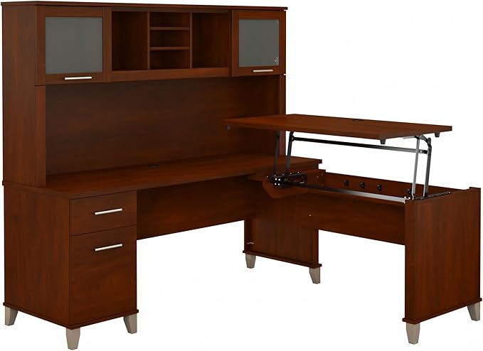 Bush Furniture Somerset 72W 3 Position Sit to Stand L Shaped Desk with Hutch in Hansen Cherry