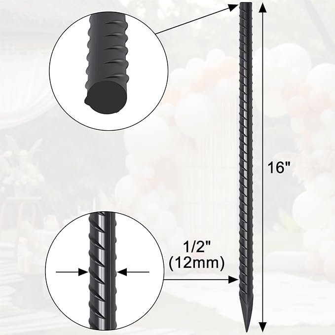 16 Inch Rebar Stakes 20 Pack 1/2 Inch Diameter Heavy Duty Steel Ground Stakes with Chisel Point End Straight Metal Stakes for Ground Concrete Form Landscape Timber and Fence, Black