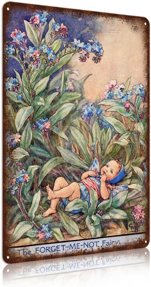 Flower Fairy Wall Decor Vintage Metal Tin Signs Fairy Garden Accessories - The Forget-Me-Not