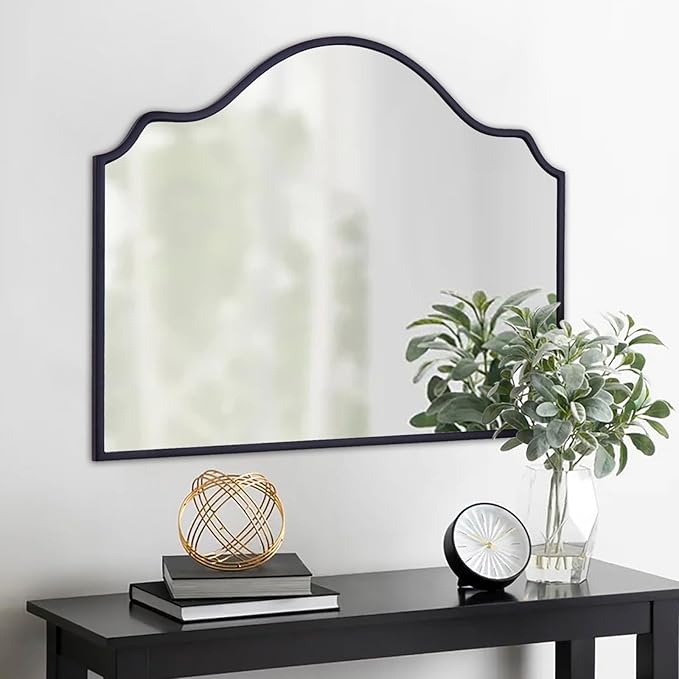 Chende Black Wall Mirror, Antique Arched Mirror for Fireplace Decor with Wooden Frame, 40'' x 28'' Elegant Scalloped Mirror for Living Room, Dining Room, Entryway