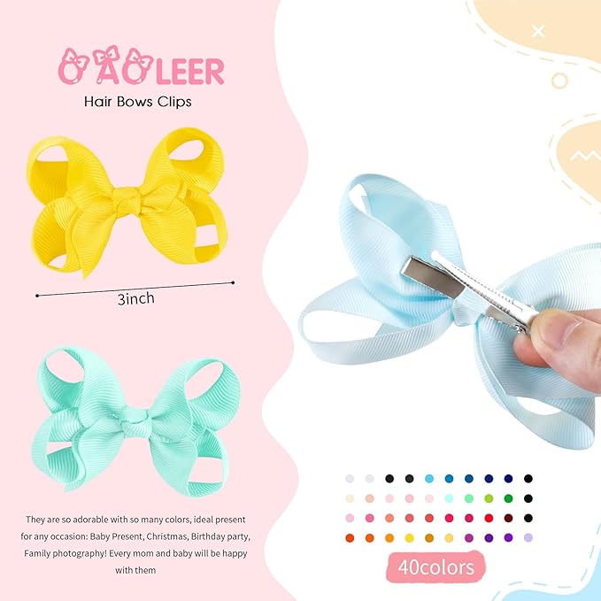 Oaoleer 40 Colors 3 Inch Hair Bows Clips Grosgrain Ribbon Bows Hair Alligator Clips Hair Barrettes Hair Accessories for Girls Toddler Infants Kids Teens Children (3inch 40color)