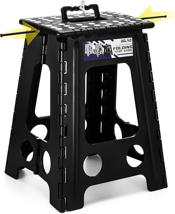Delxo 17.5 Inch Folding Step Stool,Foldable Stool for Adults with Safety Lock,Portable Collapsible Plastic Step Stool,Non Slip Folding Stools for Kitchen Bathroom Bedroom Up to 400LBS,(Black 1PC)