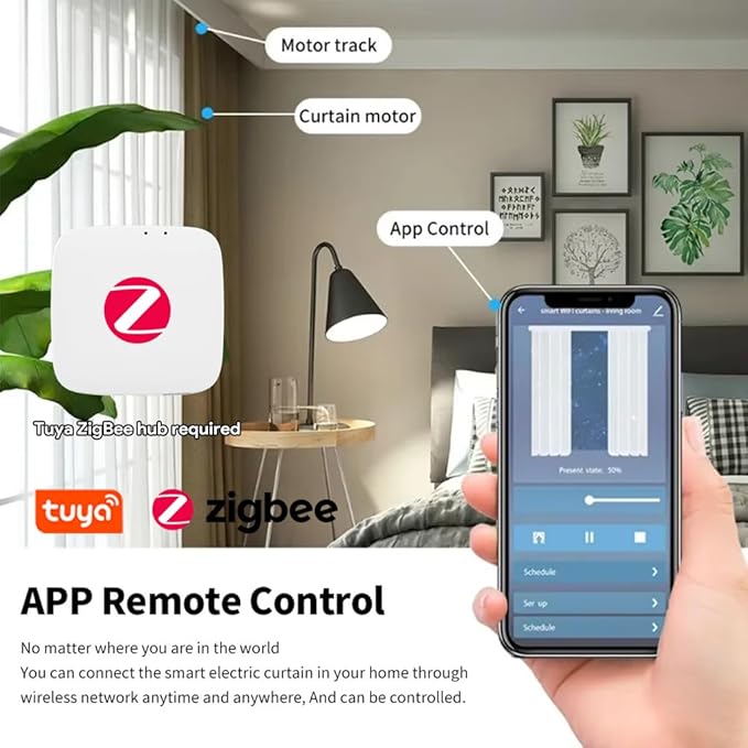 ZigBee 3.0 Smart Curtain Motor with Ripple Fold Track, Mini Silent Electric Drapery System, 1.2N.m App Voice Control Compatible with Alexa & Google Home (2 meters (78.7 inches))