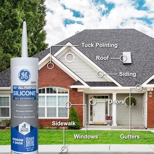 GE All Purpose Silicone Caulk, Clear, 10 fl oz Cartridge, 1 Pack - 100% Waterproof Silicone Sealant, Stronger Adhesion, Freeze & Sun Proof