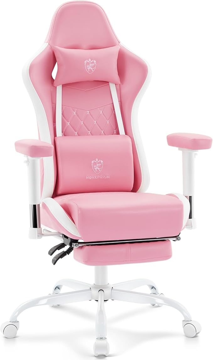Gaming Chair,Computer Office Chair with Footrest,Massage Lumbar Support and Gel Pad,Ergonomic Reclining Leather Gamer Chair with Headrest,Adjustable Armrests and Spring Cushion Pink