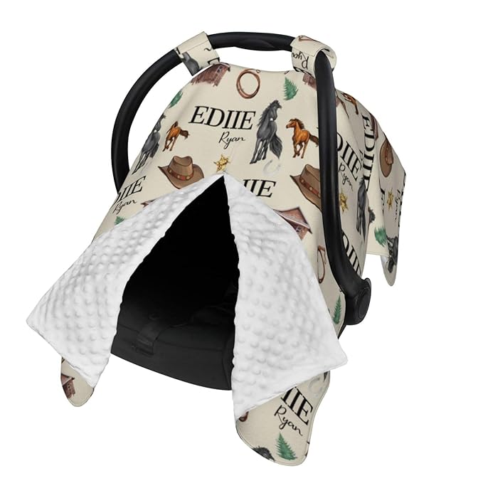 Personalized Baby Car Seat Canopy for Babies, Custom Name Cowboy Western Baby Car Seat Covers for Boys, Opening Minky Nursing Breastfeeding Cover for Infant, Carseat Canopies for Newborn