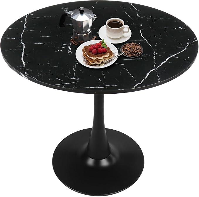 Small Space 31.5 Inch Black Faux Marble Round Tulip Dining Table - Mid Century Pedestal Base Kitchen Table for 2-4 People - Easy Assembly & Easy to Clean