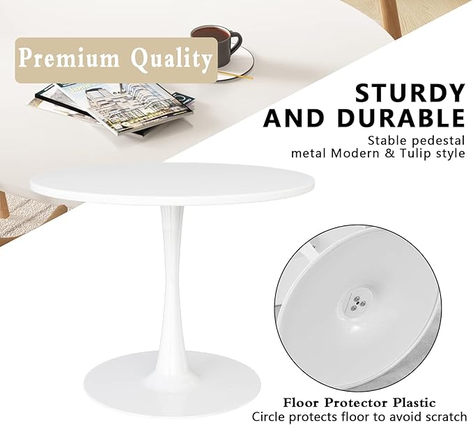 DKLGG White Round Dining Table, 31.5" Tulip Kitchen Dining Table for 2-4 People with MDF Table Top & Pedestal Base, Modern Minimalist Design