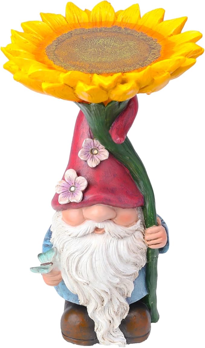 MUMTOP Garden Gnome Statue with Sunflower Bird Bath Outdoor Decor, Gnome Birdbaths Bird Feeder with Solar LED Light Waterproof Garden Sculpture for Yard Lawn Outdoor Decorations
