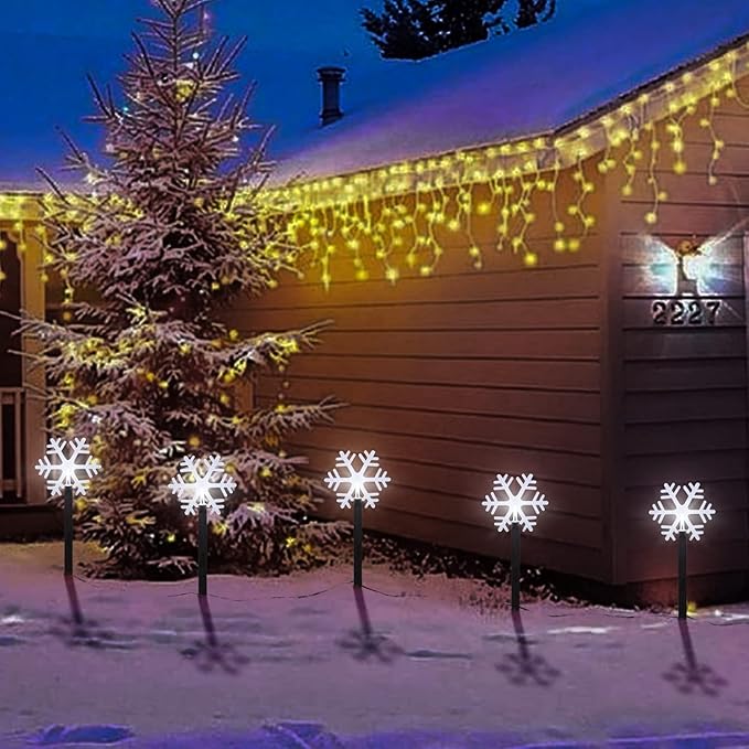 BRIGHTDECK Snowflake Solar Christmas Decorations Outdoor, 10 Pack LED, Waterproof Snowflake Pathway Lights, Stake Lights for Christmas Garden Decor (10Pcs Cold White)
