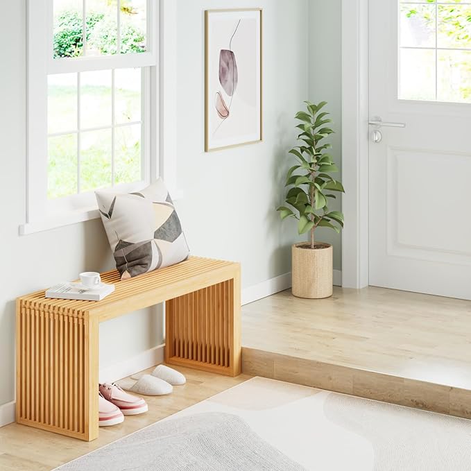 Bamboo Dining Bench Indoor Long Entryway Shoe Rack Benchs,Outdoor Modern Wood Benches 35 Inch Bamboo Bench for Living Room Hallway Bedroom Bathroom