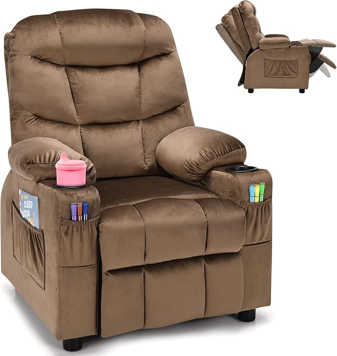 Costzon Kids Recliner Chair with Cup Holder, Adjustable Velvet Lounge Chair w/Footrest & Side Pockets for Children Boys Girls Room, Ergonomic Toddler Furniture Sofa, Kids Recliner (Brown)