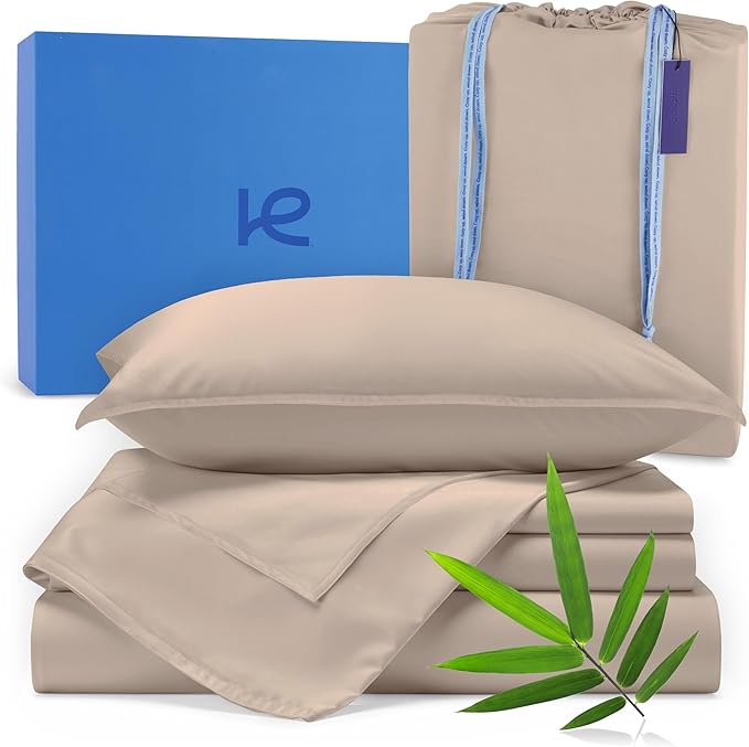 Kickoff Viscose Bamboo Sheets Queen Size 4-pc 100% Organic Bamboo Viscose Bed Cooling Sheets Queen Size Set Cool Bedding for hot Sleepers Sheet, Flat, Fitted, Pillowcases (Iced Latte, Q)