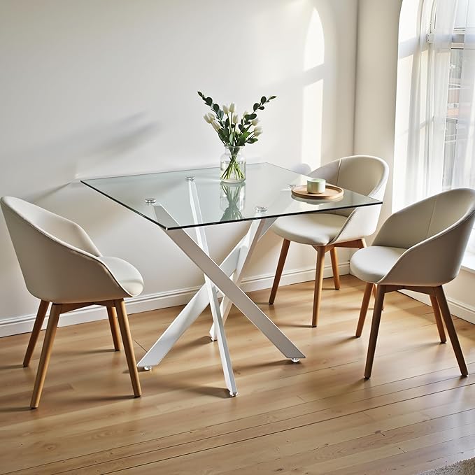 Dining Table for 4 Modern 35.43" Rectangular Glass Dining Table Kitchen & Dining Room Tables with Metal Base for Dining Room and Apartment, Matte White