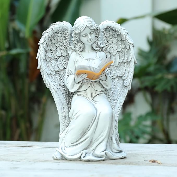 Angel Statue Outdoor Decor, Elegant Angel Garden Statues Reading Book with Solar LED Lights Yard Decorations Lawn Ornaments Figurines Resin Sculpture for Outside, Angel Gardening Gifts