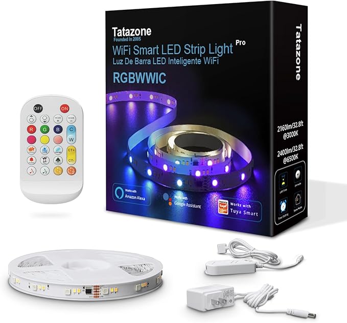 Tatazone 32.8ft RGBWW+IC WiFi Smart Flowing Led Strip Light, RGB Chasing Effect+Tunable White 3000K-6500K Led Lights Compatible with Alexa and Google, Color Changing, Music Sync for Bedroom