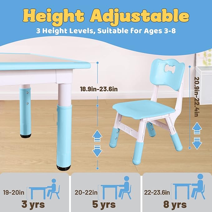 FUNLIO Kids Table and 2 Chairs Set, Height Adjustable Toddler Table and Chair Set for Ages 3-8, Easy to Wipe Arts & Crafts Table, for Classrooms/Daycares/Homes, CPC & CE Approved (3pcs Set) - Blue