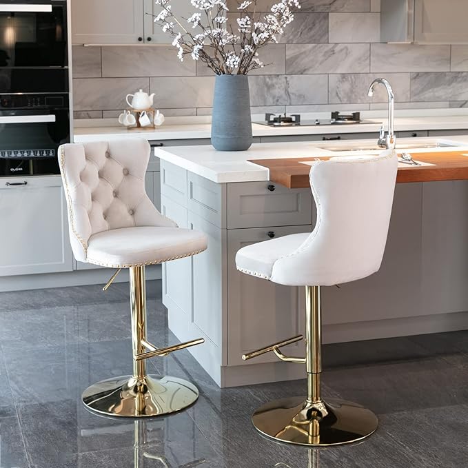 PacknWood Acosure Golden Swivel Velvet Barstools Adjusatble Seat Height from 25-33" with Comfortable Tufted,Modern Upholstered Chrome Base Bar Chairs,for Home Pub Kitchen,Beige,Set of 2